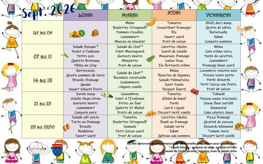 Menus scolaire Septembre 2026